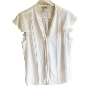 H&M White Ruffled Cap Sleeve Blouse Size 14 Button Front Embroidered Lace Office